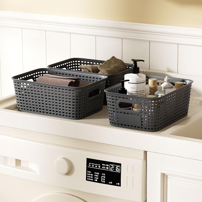 6Pcs Storage Bins with Lids, Stackable Plastic Storage Basket with Bamboo Lid - Image 4