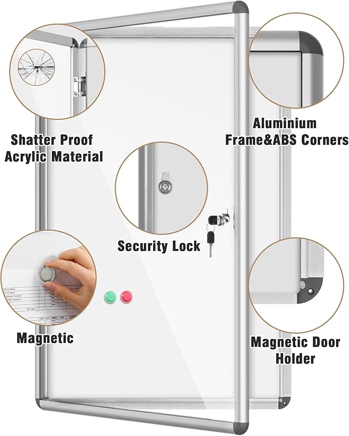 36"x24" Enclosed Bulletin Board, Lockable Weather-Resistant Aluminum Noticeboard for School & Office, Silver Frame w/Magentic Whiteboard-DeskLoop Office