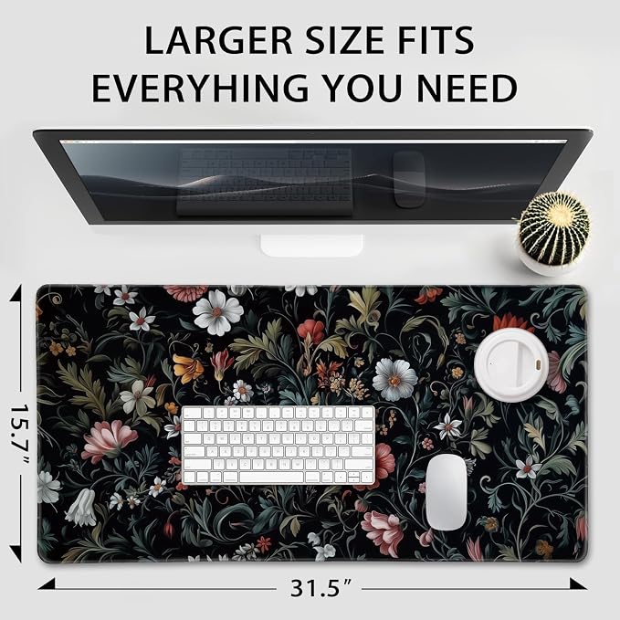 Dark Floral Pattern Large Gaming Mouse Pad 31.5"x15.7"｜XXL Desk Mat, Non-Slip - Image 4