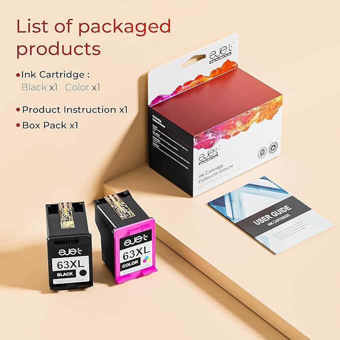 ejet 63XL Ink Cartridge Combo Pack Replacement for HP 63 Ink 63XL Ink Cartridges Black and Color for OfficeJet 3830 4650 5255 5258 4655 4652 3833 Envy 4520 4512 DeskJet 1112 3630 (1 Black,1 Tri-Color)-DeskLoop Office