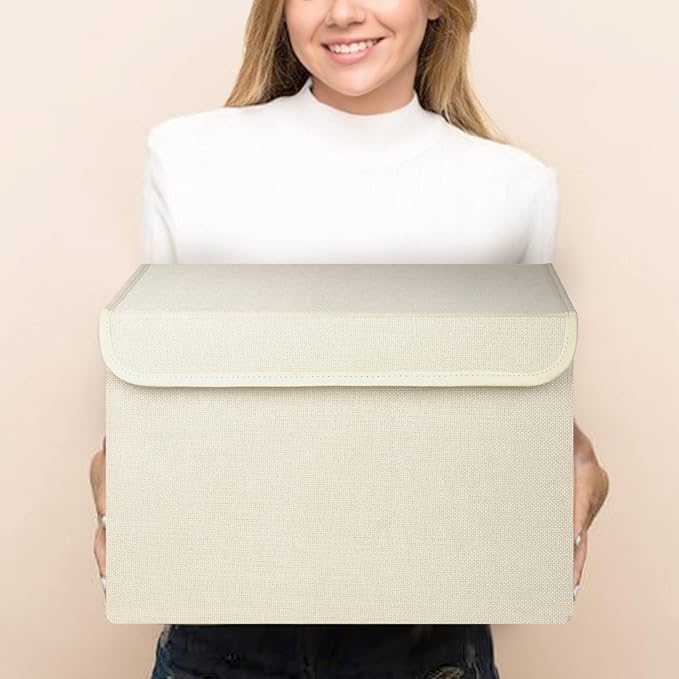 Large 22 Quart [4-Pack] Linen Fabric Foldable Storage Bin Cube Organizer Basket with Flip-Top Lid & Handles, Clothes Blanket Box for Home, Office, Closet (14.6 x 9.5 x 9.5, Beige)-DeskLoop Office