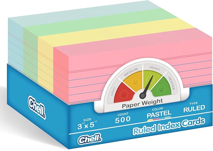Chell 500 Count Index Cards 3x5 Inch Heavyweight, Ruled Front and Blank Back by chell