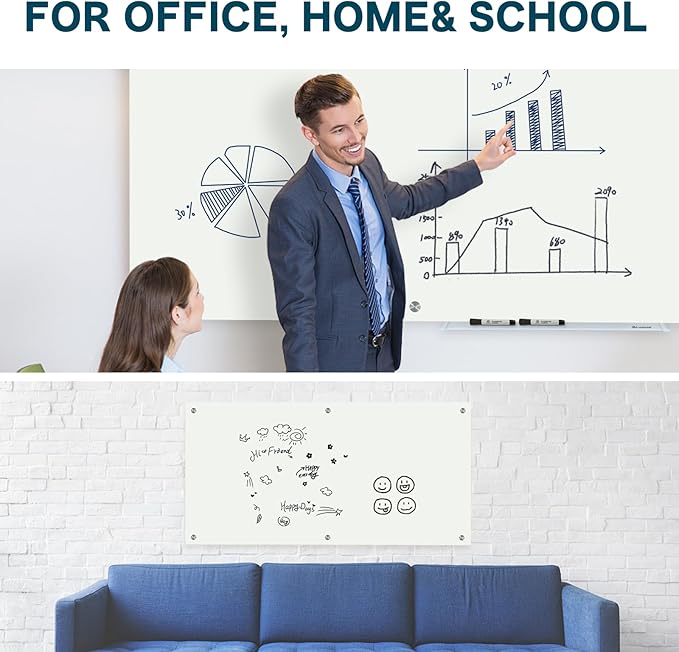 J&J worldwide Glass Dry Erase Board 6' x 4', Glass Whiteboard Magnetic, Large Frameless Glass White Boards for Walls, Includes Magnets, Marker Tray, Eraser for Office, Home, School-DeskLoop Office