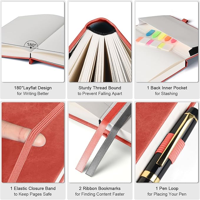 Lined Notebook Journal for Women Men, 312 Numbered Pages B5 Thick Leather Journals for Writing, Daily Diary Journal for Work School, Hardcover College Ruled Notebook, Butterfly Flower Notebook, Red-DeskLoop Office