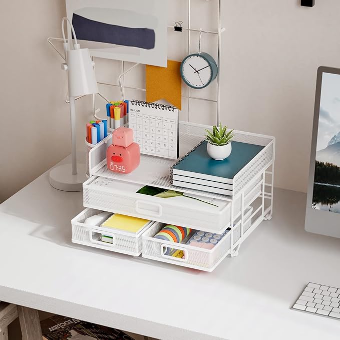 Marbrasse 3 Tier Mesh Desk Organizer with Drawer, Multi-Functional Desk Organizers and Accessories, Paper Letter Organizer with 2 Pen Holder for Home Office Supplies - White-DeskLoop Office
