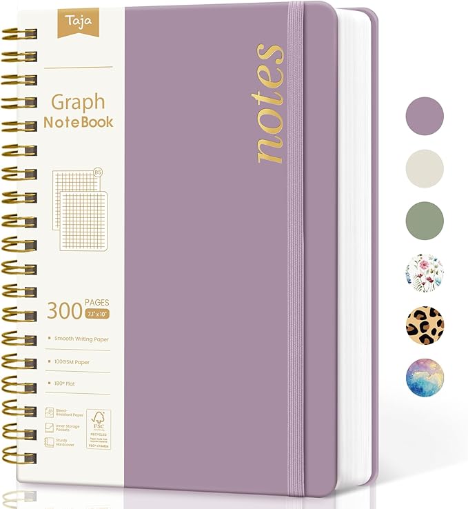 Spiral Graph Paper Notebook Journal for Work, 300 Pages, Thick B5 (7.1"x10") Grid Journals for Women & Writing, Hardcover Notebook for Note Taking, Perfect for Work School Note Taking Business, Purple-DeskLoop Office