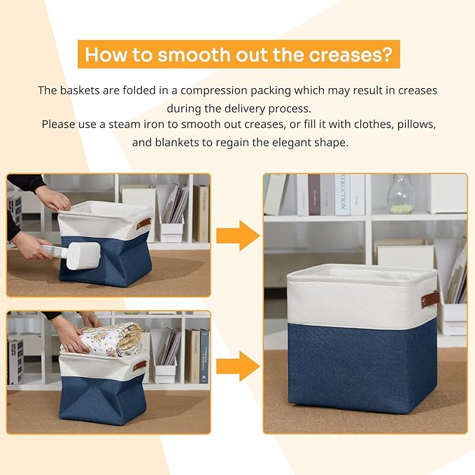 DULLEMELO [Set of 4 Storage Cubes Baskets for Organizing, 11 x 11 x 11 inch Cube Storage Organizer Bins with Leather Handles, Foldable Fabric Cloth Bins for Cube Storage(4 Pack - 11" White&Blue)-DeskLoop Office