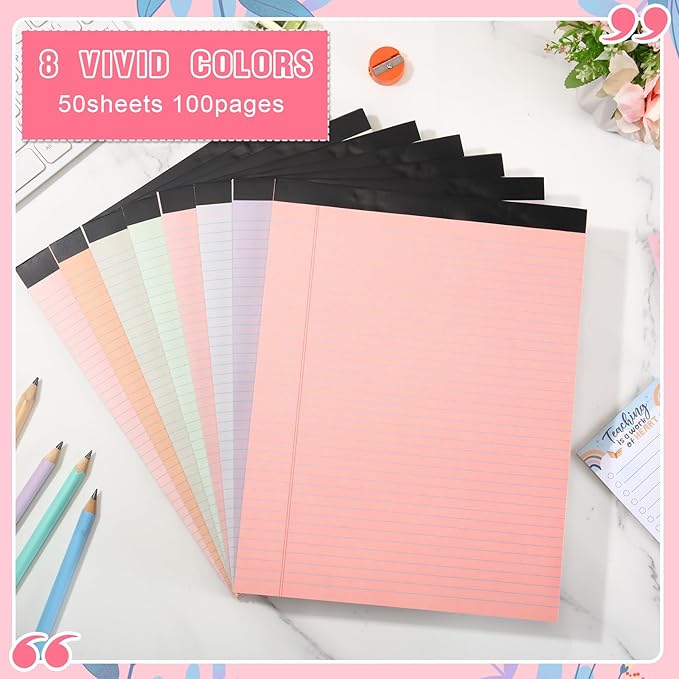 Fuutreo 8 Pcs 8.5'' x 11'' Colored Legal Pad Writing Pads Narrow Ruled 50 Sheets Per Notepad Perforated Writing Notepad Office Supplies for College Office Business (Sweet Color)-DeskLoop Office