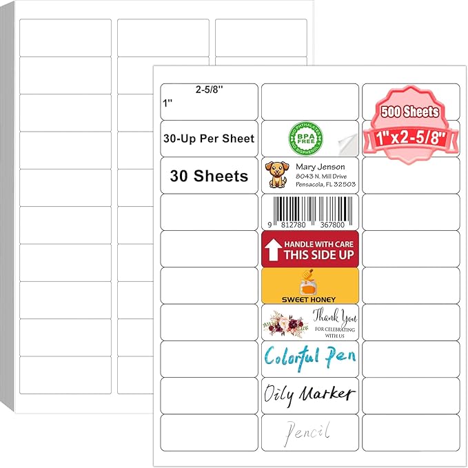 Address Labels 1" x 2-5/8", 15000 Printable Labels for Mailing, Envelopes, Laser/Inkjet Printer, 8.5"×11" White Label Stikcers Paper 30 Up Blank Label Per Sheet,(500 Sheets)-DeskLoop Office