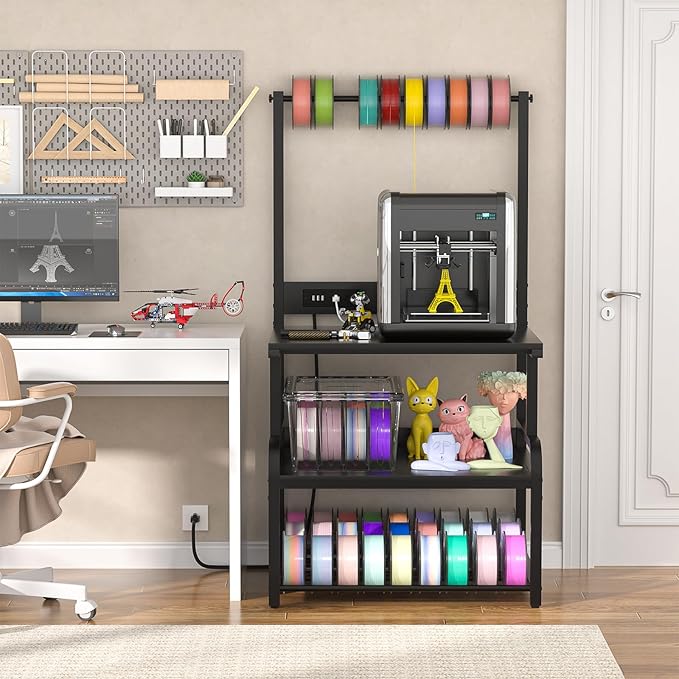 Homieasy Printer Stand with Charging Station, 29.1" x 22.8" Large 3D Printer Table with Filament Storage, Heavy Duty Rolling Printer Cart with 4-Tier Storage for Workshop/Office/Garage, Black-DeskLoop Office