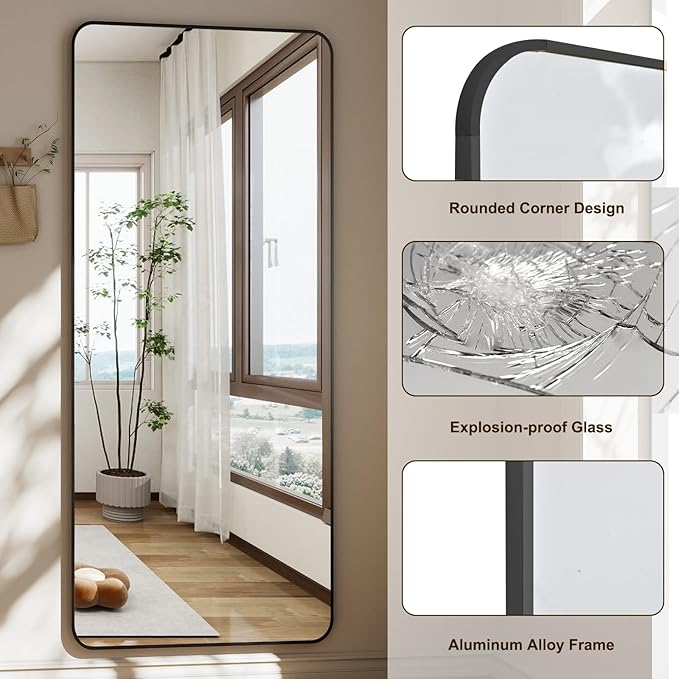 HARRITPURE 66x23 inch Rounded Full Length Mirror Aluminum Frame Mirror Full Length Floor Mirror with Stand for Living Room Bedroom Cloakroom,Black-DeskLoop Office