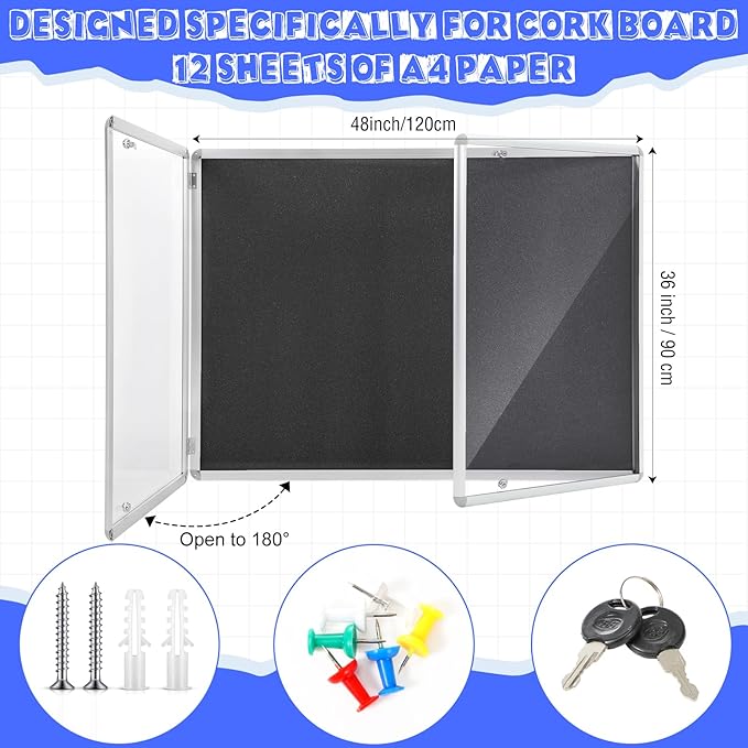 Enclosed Bulletin Board 48" x 36" Weather Resistant Lockable Notice Cork Display Board Wall Mounted 2 Locking Door for School Classroom Commercial Back to School, 12 x A4(Black, Silver Frame)-DeskLoop Office