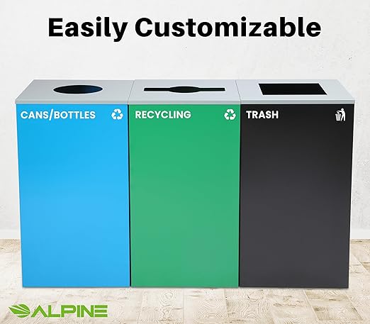 Alpine Commercial Indoor Recycle Bin - 29 Gallon Modern Looking Black Recycle Bin, Office Recycling Bins, Metal Trash and Recycling Container with Stickers & 3 Optional Lids (lid Sold Separately)-DeskLoop Office