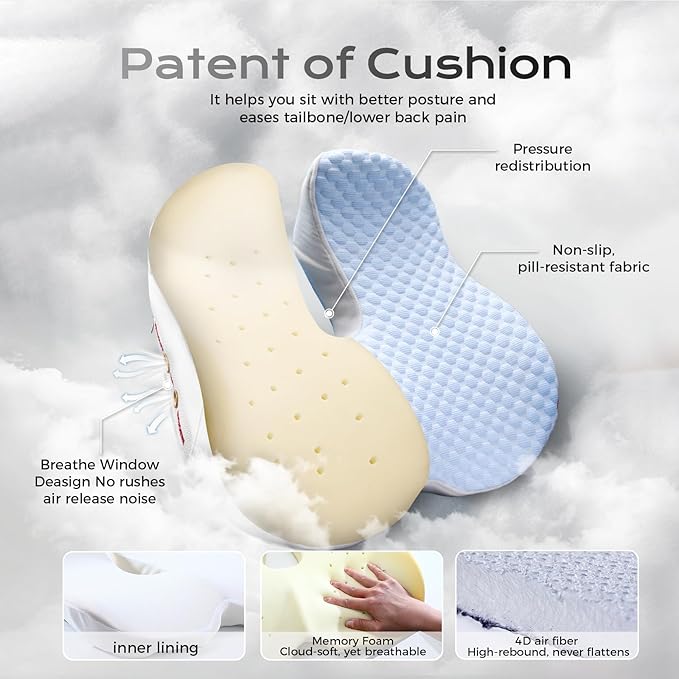 Seat Cushion for Tailbone Pain Relief X-Large ,Ergonomic Office Chair Cushions for Butt Hip Lower Back & Sciatica Pain Relief Pillow,Pressure Relief Seat Cushion for Long Sitting, Car & Plane（Blue)-DeskLoop Office