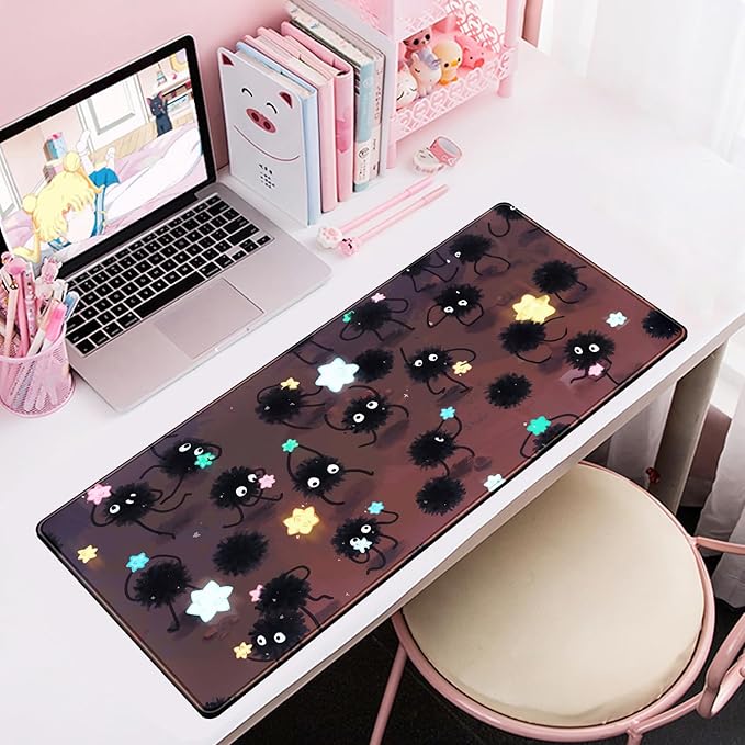 Desk Pad Anime Black Pom Poms Gaming Mouse Pad Large Star Designs Desk Office Decor Exclusive Beautiful Girls Mouse Pad for Women Desktop with Stitched Edges Non-Slip Computer Mat 31.5x11.8In-DeskLoop Office