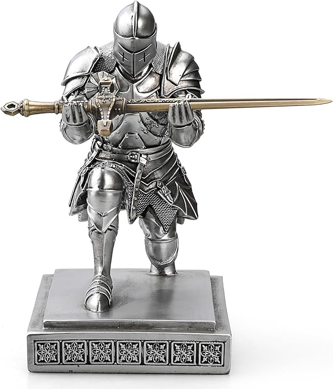 Medieval Armored Warrior Knight Pen Holder Desk Organizers and Accessories Resin Pencil Holder Paperweight as Gift with a Cool Letter Opener for Desk (Silver)-DeskLoop Office