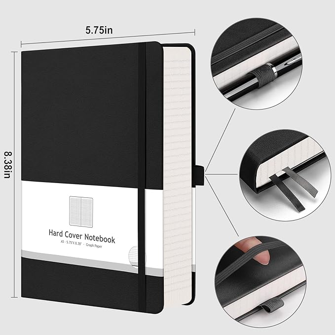 AHGXG Graph Paper Notebook - 320 Pages Grid Notebook Thick Journal A5, 100gsm Thick Graph Paper, Leather Hardcover, Inner Pocket,5.75'' × 8.38''- Black-DeskLoop Office