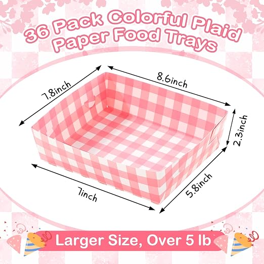 Suclain 36 Pack Light Pink and White Gingham Paper Trays 5 lb Grease Resistant - Image 3