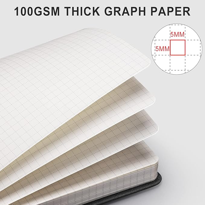 AHGXG Graph Paper Notebook - 320 Pages Grid Notebook Thick Journal A5, 100gsm Thick Graph Paper, Leather Hardcover, Inner Pocket,5.75'' × 8.38''- Black-DeskLoop Office