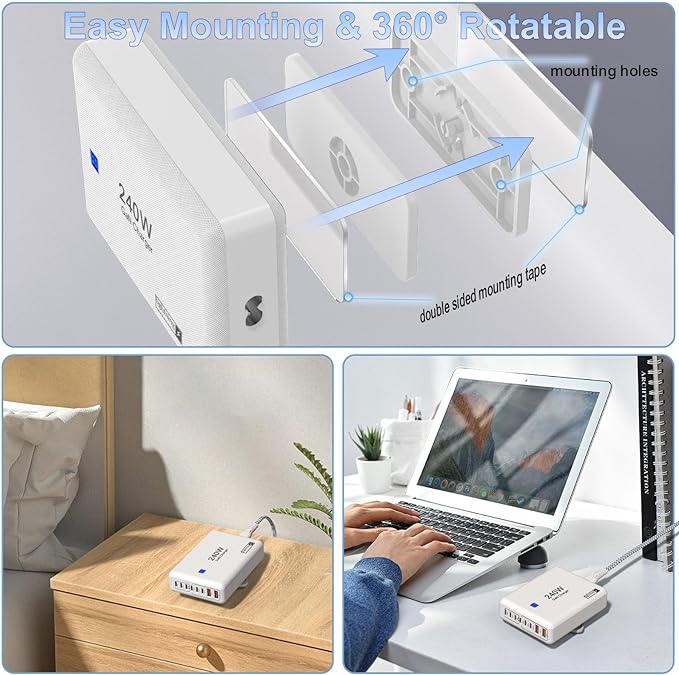 240W Fast Charging Blocks, 8-Port Charging Station for iPhone/Ipad/MacBook, 6C2A PD GaN Charger Box, USB Tower Hub 5ft Braided Power Cord with On/Off Switch, Flat Plug, Travel Essentials-DeskLoop Office