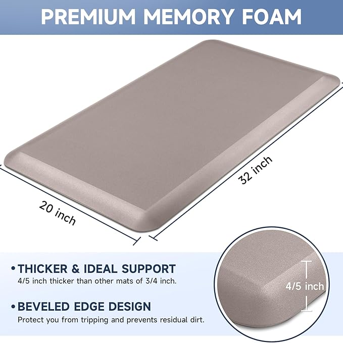 4/5 Inch Thick Kitchen Mats for Floor, StepRite Kitchen Rug for Standing Desk, Non-Slip, Thicker, Stain Resistant, Waterproof, Comfort Anti Fatigue Floor Mat for Home, Kitchen, Office - Khaki,32*20''-DeskLoop Office
