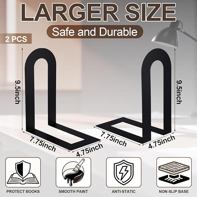 Chunful 2 Pcs Black Modern Metal Book Ends - Image 3