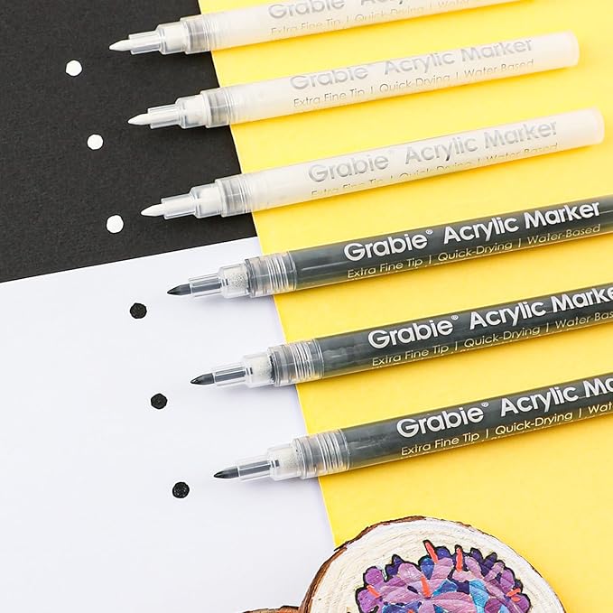 Grabie Black & White Extra Fine Tip Acrylic Paint Marker Set, 6 Pack, 0.7mm Acrylic Paint Pens for Highlights and Fine Details on Drawings, Rock Painting Glass Canvas Wood, White Highlight Markers-DeskLoop Office