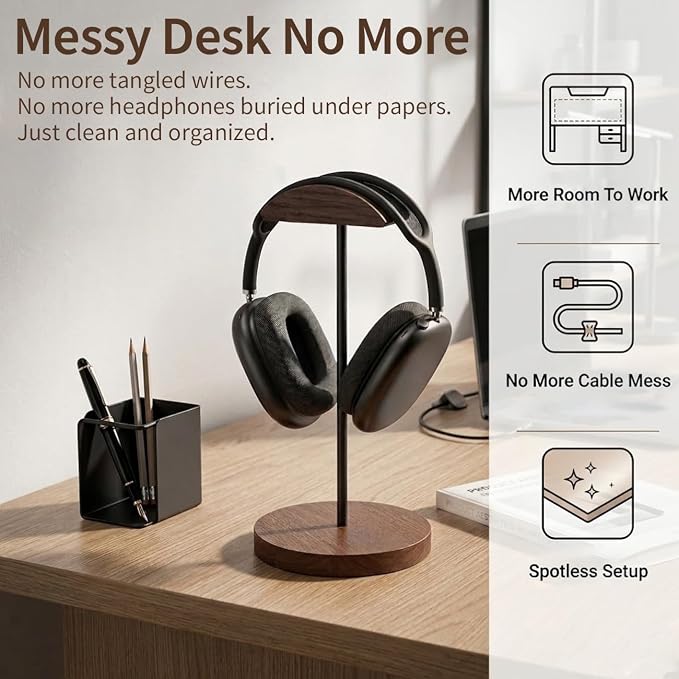 Headphone Holder Stand for Desk, Wood and Metal Headset Hanger Mount Hook - Image 2