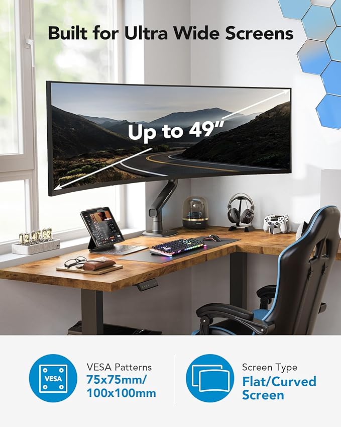 HUANUO Heavy Duty Monitor Arm for Ultrawide Screens up to 49", Holds 40 lbs,Aluminum Ultrawide Screen Desk Mount,Fully Adjustable Single Monitor Mount with C-clamp, Grommet Base, Max VESA 100x100-DeskLoop Office