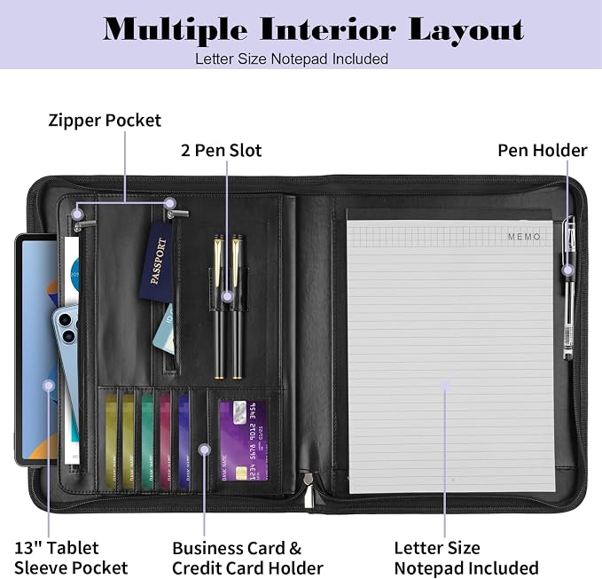 Leather Padfolio Portfolio Binder Organizer, - Image 3
