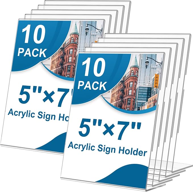 10 Pack Acrylic Sign Holder 5 x 7, L-Shape Clear Plastic Display Stand by Seencool