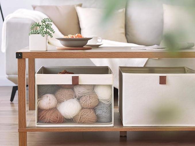 StorageWorks Closet Storage Bins, Extra Large Storage Baskets with Clear Window and Handles, Foldable Fabric Organizer for Clothes, Shelves, Beige, 3 Pack-DeskLoop Office