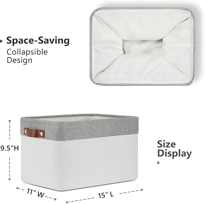 DULLEMELO Storage Baskets for Organizing, Shelves,Bedroom, Decorative Storage Bins with Leather Handles, Fabric Storage Basket for Office, Toys(3-Pack Medium-15 inch X 11 inch X 9.5 inch , Grey&White)-DeskLoop Office