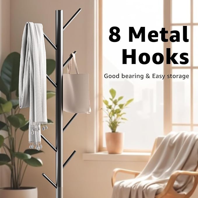 Coat Rack with Natural Marble Base, Metal Freestanding Coat Rack with 8 Hooks, 3 Adjustable Size Sturdy Coat Tree for Bags, Coats, and Hats for Entryway, Hallway, Bedroom, Office, Black-DeskLoop Office