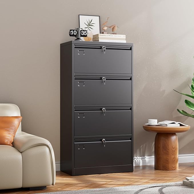 4 Drawer Lateral File Cabinet, Metal Wide Filing Cabinet with Independent Locks, Home Office Furniture for Hanging Files Letter/Legal/F4/A4 Size, Assembly Required, Black