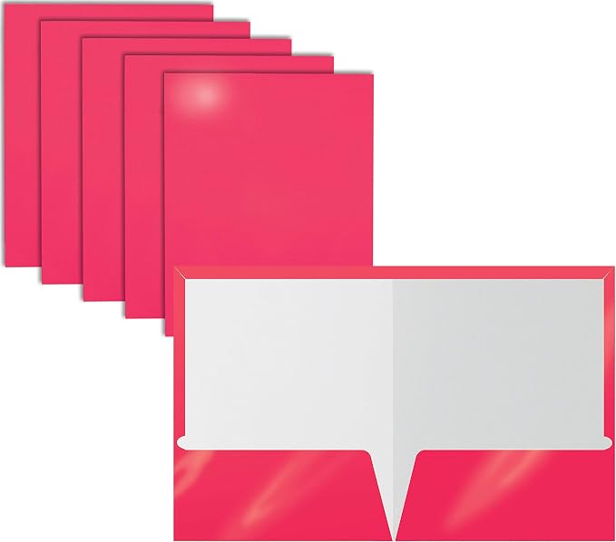 Better Office Products 2 Pocket Glossy Laminated HOT Pink Paper Folders by BetterOfficeProducts