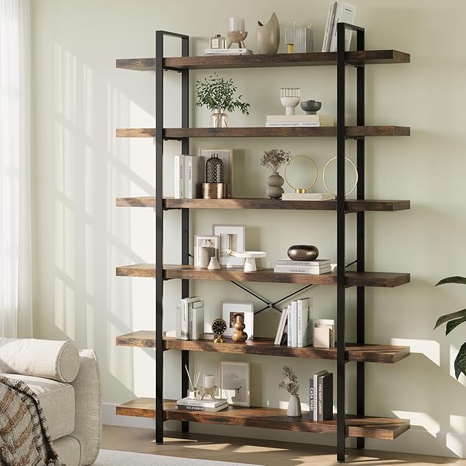 Heavy Duty 6-Tier Industrial Bookcase, 47" Wide Wood Bookshelf for Home Office, 120lbs Shelf Capacity, Rustic Open Shelving Display with Reinforced Horizontal Shelf for Living Room Bedroom-DeskLoop Office