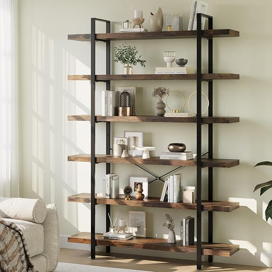 Heavy Duty 6-Tier Industrial Bookcase, 47" Wide Wood Bookshelf for Home Office, 120lbs Shelf Capacity, Rustic Open Shelving Display with Reinforced Horizontal Shelf for Living Room Bedroom-DeskLoop Office