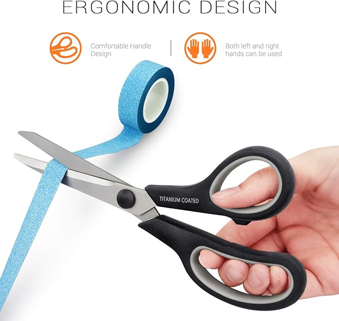 Scissors 8" Multipurpose Titanium Coated Sturdy Sharp Scissors Right/Left Handed Comfort-Grip Handles for Office Home School Sewing Fabric Craft Supplies Black