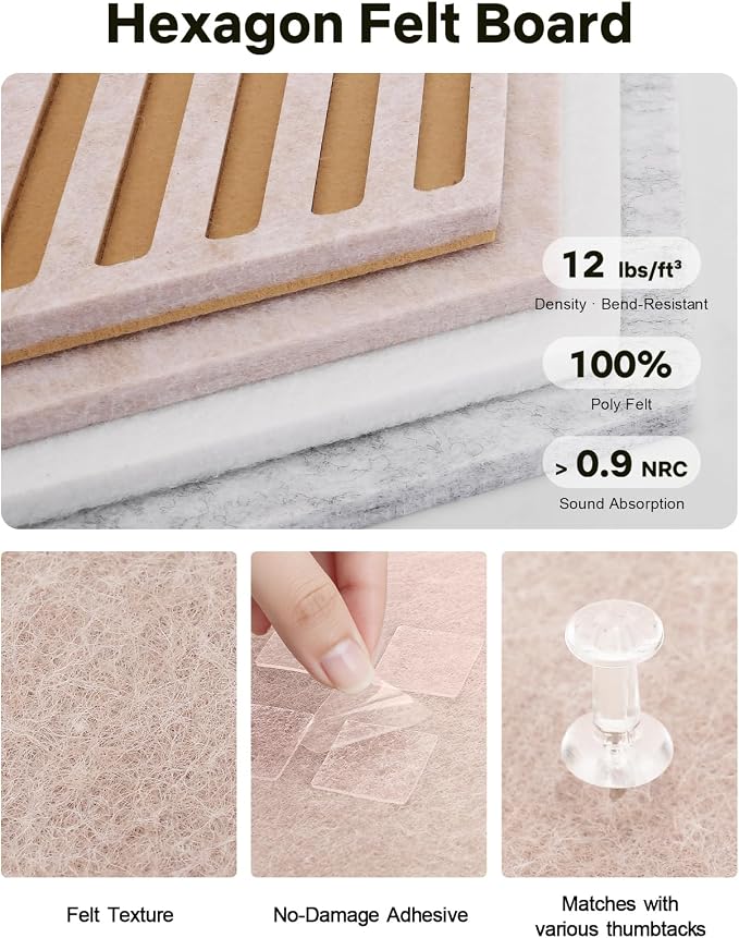 Hexagon Large Cork Bulletin Board Tiles, Peel and Stick Felt Wall Panels - Image 2
