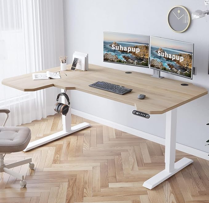 Electric Height Adjustable Standing Desk, Sit - Stand Desk for Work or Home Office Push Button Memory Settings Splice Board (Light Oak, 59x24)-DeskLoop Office