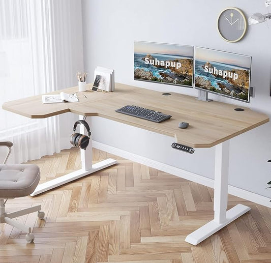 Electric Height Adjustable Standing Desk, Sit - Stand Desk for Work or Home Office Push Button Memory Settings Splice Board (Light Oak, 59x24)-DeskLoop Office