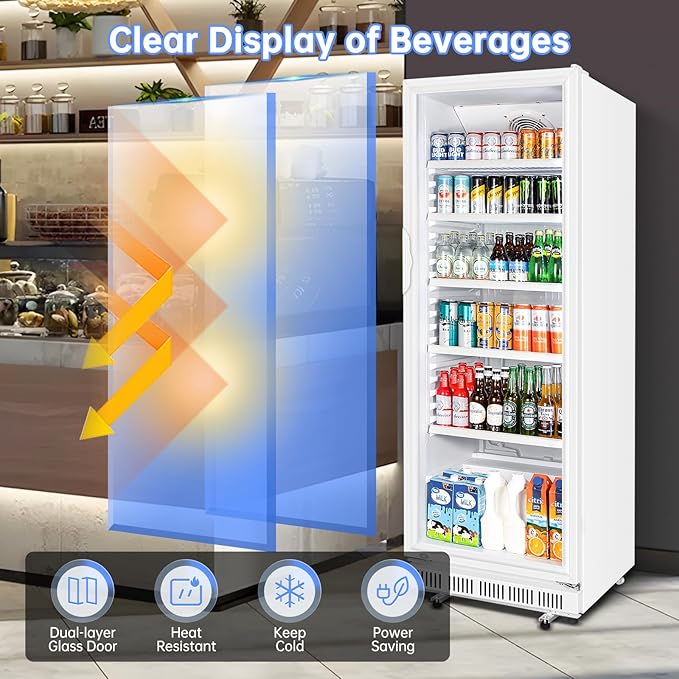 Commercial Beverage Refrigerator, 24.5 Inch 15 Cu. Ft. Drink Fridge, Display Refrigerator with Glass Door, Commercial Display Fridge with 5 Adjustable Shelves, for Shops, Restaurants, Bars-DeskLoop Office