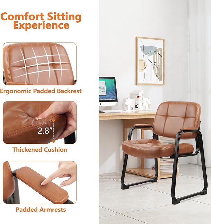 CLATINA Big & Tall 500 lb Waiting Room Chairs with Padded Armrests and Sled Base, Leather Stationary No Wheels Office Guest Chair for Reception Lobby Home and Meeting Conference, Brown （6 Pack）-DeskLoop Office