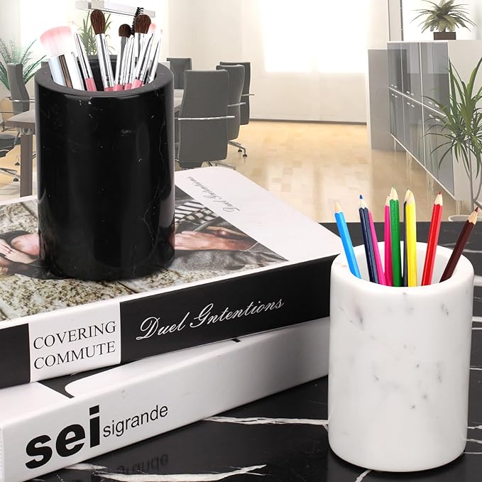 WORHE Natural Marble Pen Holder, Stylish Stone Caddy for Desk, Multi-Purpose Makeup Brush and Office Supply Storage Organizer, Desks Accessory Toothbrush Cup for Home School Black (DL003)-DeskLoop Office