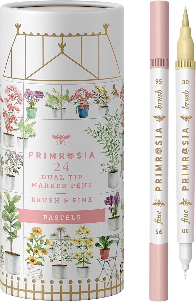 Primrosia 24 Pastel Dual Tip Markers, Fine Tip and Brush Pens. Perfect for art, illustration, drawing, calligraphy and bullet journals-DeskLoop Office
