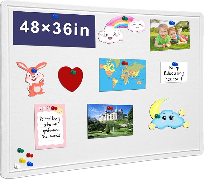 Large Bulletin Board, 48 X 36 inches Felt Board Notice Pin Board,4' x 3' Cork Board Alternative for Wall, Self-Adhesive Vision Board Mood Board Foldable Photo Board with 30 Pushpin-Warm White-DeskLoop Office