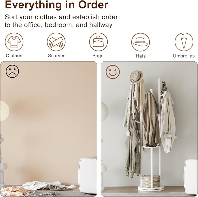 Solid Wood Rotary Coat Rack, Freestanding Coat Rack with 3 Shelves and 9 Hooks, Coat tree for Bedroom, Entryway, Livingroom, Coat Hanger Stand for Coats, Scarves, Handbags (White)-DeskLoop Office