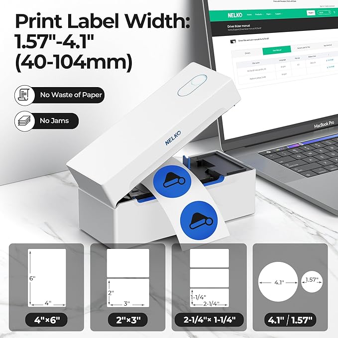 Nelko Bluetooth Thermal Shipping Label Printer, Wireless 4x6 Shipping Label Printer for Small Business, Support Android, iPhone and Windows, Widely Used for Amazon, Ebay, Shopify, Etsy(White)-DeskLoop Office