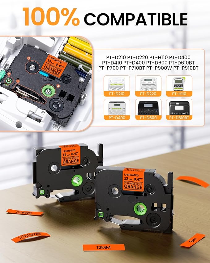 Replacement for Brother P Touch Label Tape Black on Fluoresent Orange TZe-B31 - Image 2
